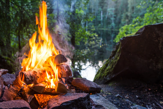 blazing fire on a lake in the woods